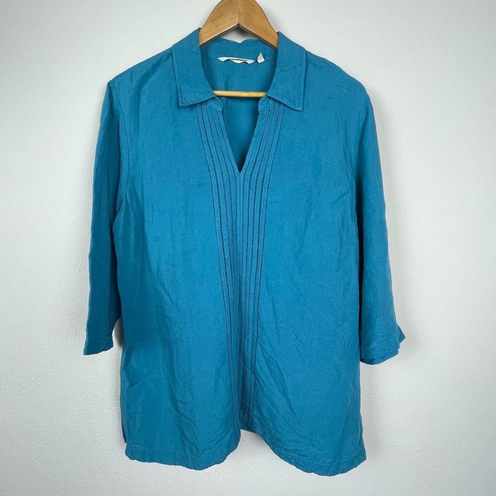 Soft Surroundings Teal Linen Blend Tunic Top Size L V-Neck Coastal Lagom